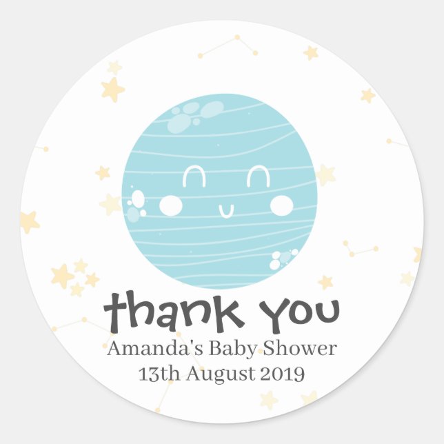 Cute Blue Kawaii Planet Baby Shower Classic Round Sticker (Front)