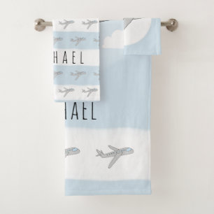 Cute Blue Kids Blue Airplane Travel Design & Name Bath Towel Set