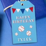 Cute Blue Kids Boy Baseball Birthday  Gift Tags<br><div class="desc">Cute Blue Kids Boy Baseball Birthday Gift Tags. Cute baseball birthday gift tag for children. The design has baseballs and bunting flags in red,  white and blue colours on a blue background. Personalize this birthday tag with a child`s name. Great for a boy who loves baseball and other sports.</div>