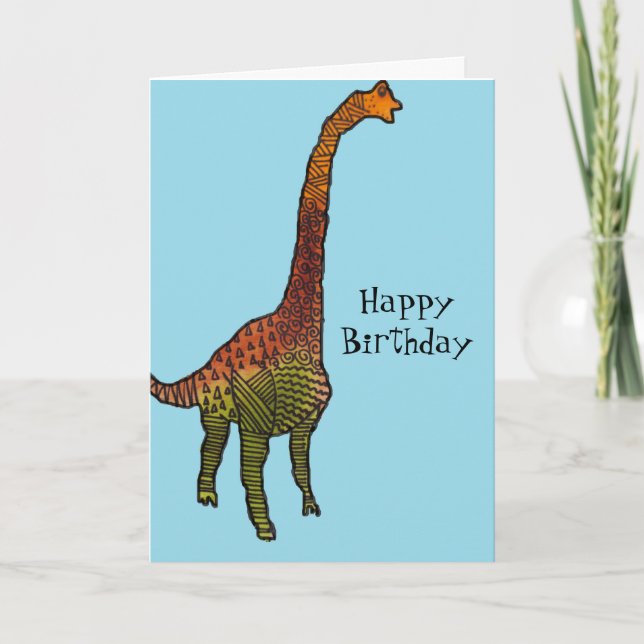 Cute blue kids brachiosaurus dinosaur art card (Front)
