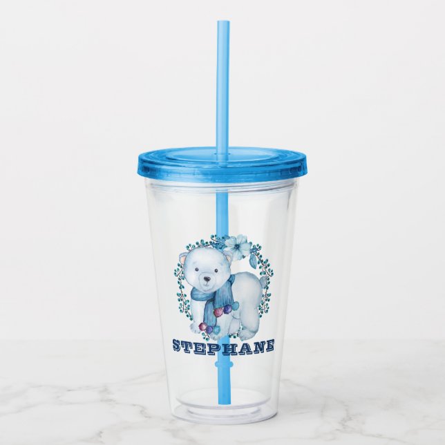 Cute Blue Kids Polar Bear Acrylic Tumbler (Front)