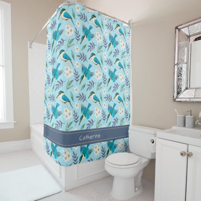 Cute Blue Kingfisher Birds Floral Pattern Name (In Situ)