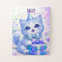 Cute Blue Kitten Personalised Name Jigsaw Puzzle