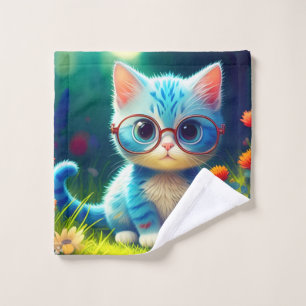 Cute Blue Kitten Wearing Glasses-276548 Wash Cloth