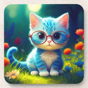 Cute Blue Kitten Wearing Glasses-47067 Coaster