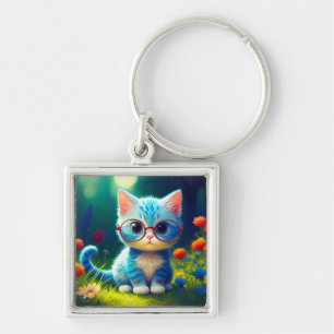 Cute Blue Kitten Wearing Glasses-47067 Keychain