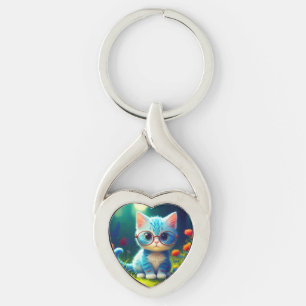 Cute Blue Kitten Wearing Glasses-47067 Keychain