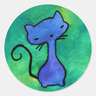 Cute blue kitty on green background stickers