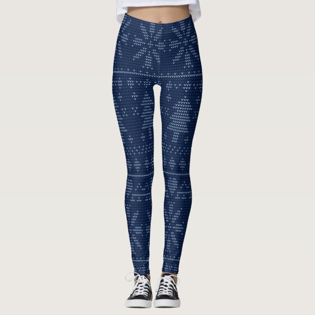 Cute Blue Knit  Christmas Tree Pattern  Festive Leggings (Front)