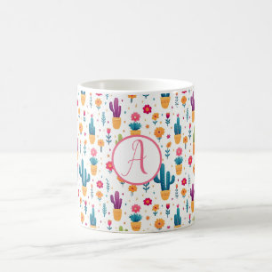 Cute Blue & Lavender Floral Cactus Script Monogram Coffee Mug