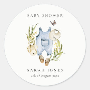 Cute Blue Leafy Foliage Boy Clothes Baby Shower Classic Round Sticker