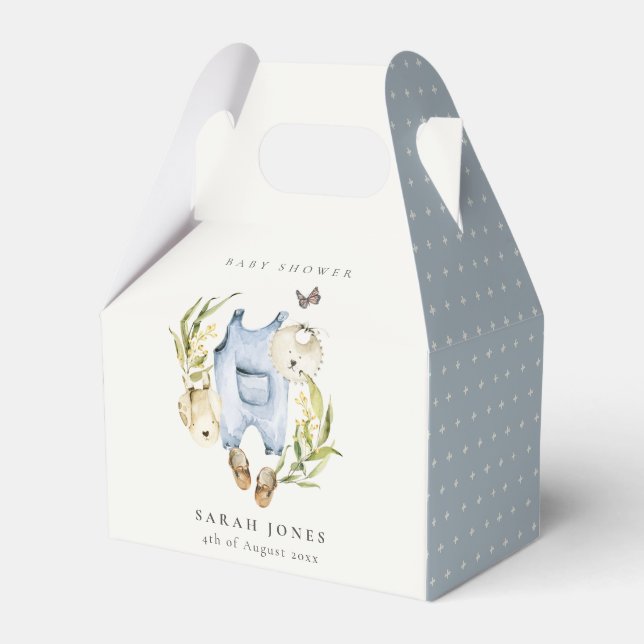 Cute Blue Leafy Foliage Boy Clothes Baby Shower Favor Box (Front Side)