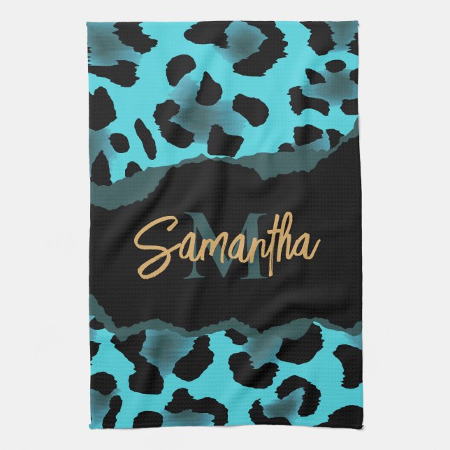 Cute Blue Leopard Print Kitchen Towel (Vertical)