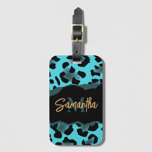Cute Blue Leopard Print Luggage Tag (Front Vertical)