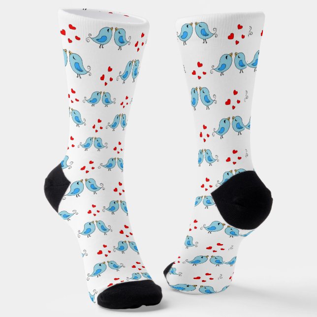 Cute Blue Little Birds on White Socks (Angled)