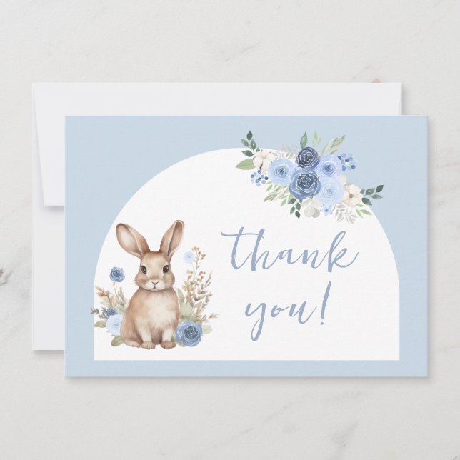 Cute blue little bunny baby boy shower thank you invitation (Front)