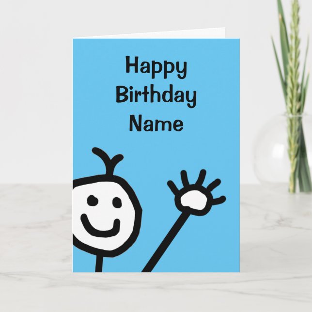 Cute Blue Little Smiling Face Waving Birthday Card (Front)
