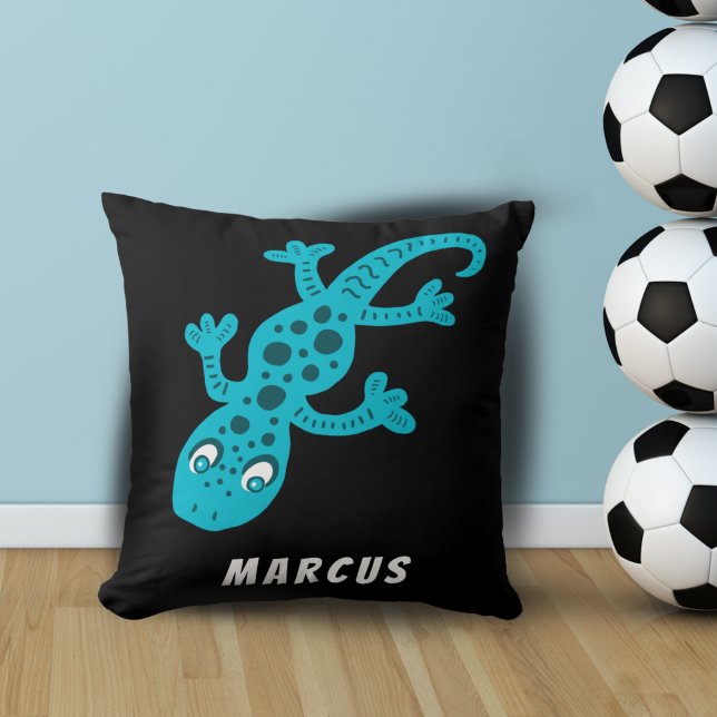 Cute Blue Lizard Gecko on Black Name Throw Pillow (Creator Uploaded)