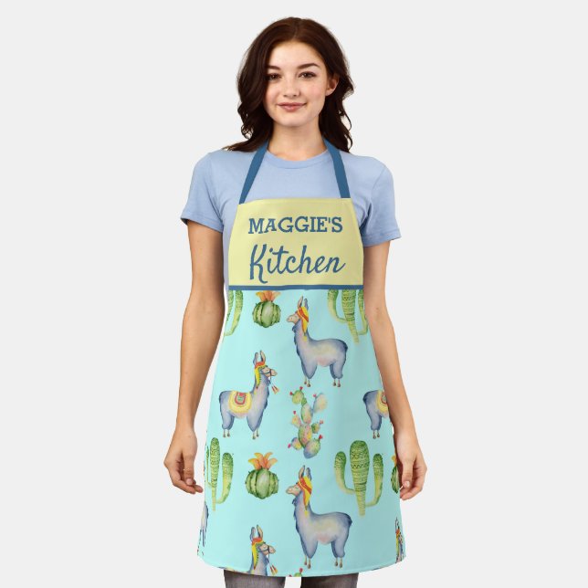 Cute Blue Llama Cactus Succulent Pattern Kitchen Apron (Worn)