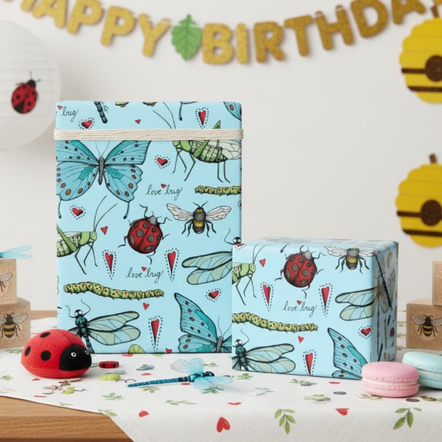 Cute Blue Love Bug Insects for Bug Lovers  Wrapping Paper (Cute Bugs Insects Wrapping Paper for Kids in Blue. Butterflies, Dragonflies, Ladybugs, Bees, Worms)