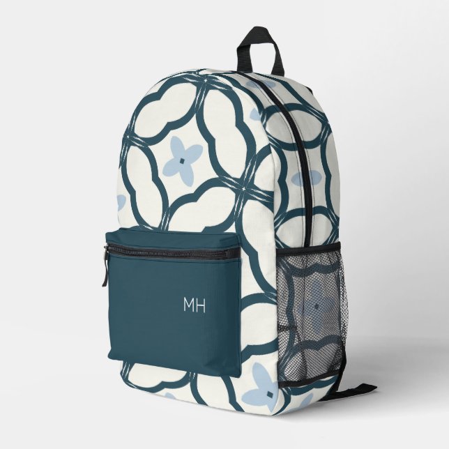 Cute Blue Mandala Pattern Monogram Initials Printed Backpack (Back Corner Right)