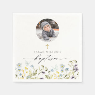 Cute Blue Meadow Floral Butterfly Photo Baptism Napkin