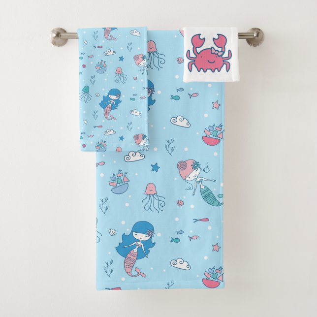 Cute Blue Mermaid Bath Towel Set (Insitu)