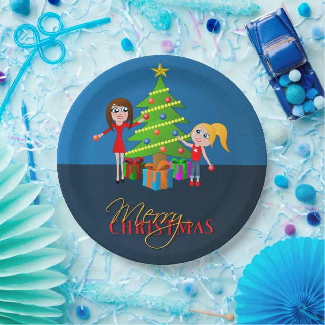 Cute Blue Merry Christmas Xmas Tree Paper Plate (Party)