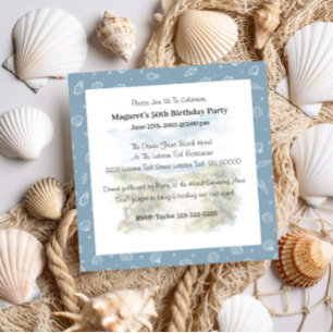 Cute Blue Modern Beach Party Birthday Invitation