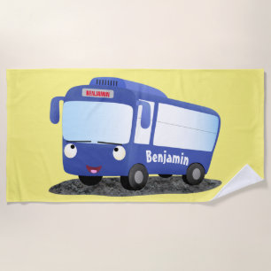 Cute blue modern bus cartoon illustration beach towel