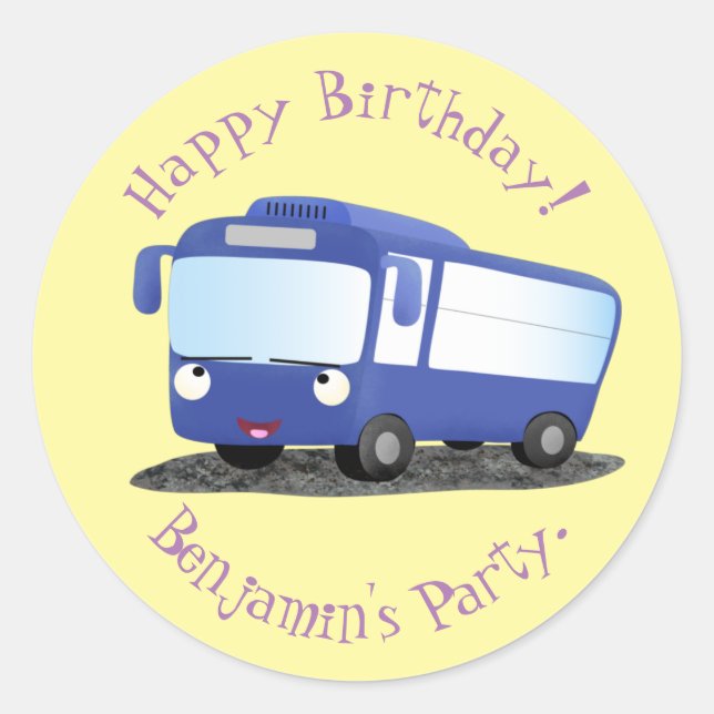 Cute blue modern bus cartoon illustration classic round sticker (Front)