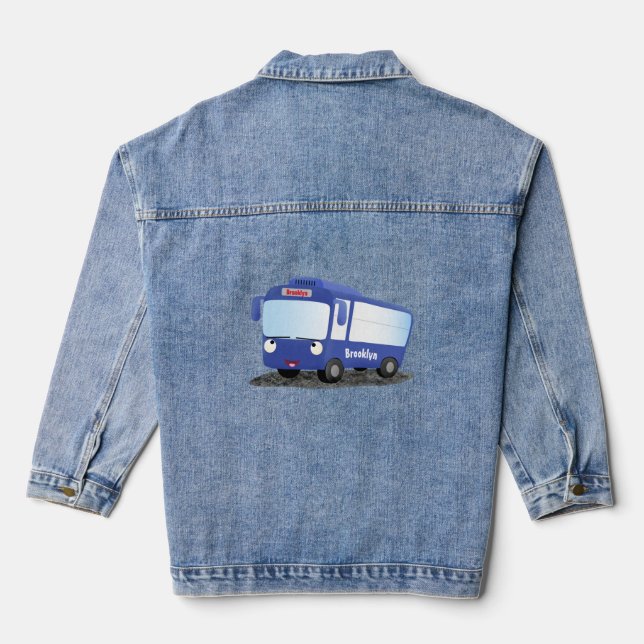 Cute blue modern bus cartoon illustration denim jacket (Back)