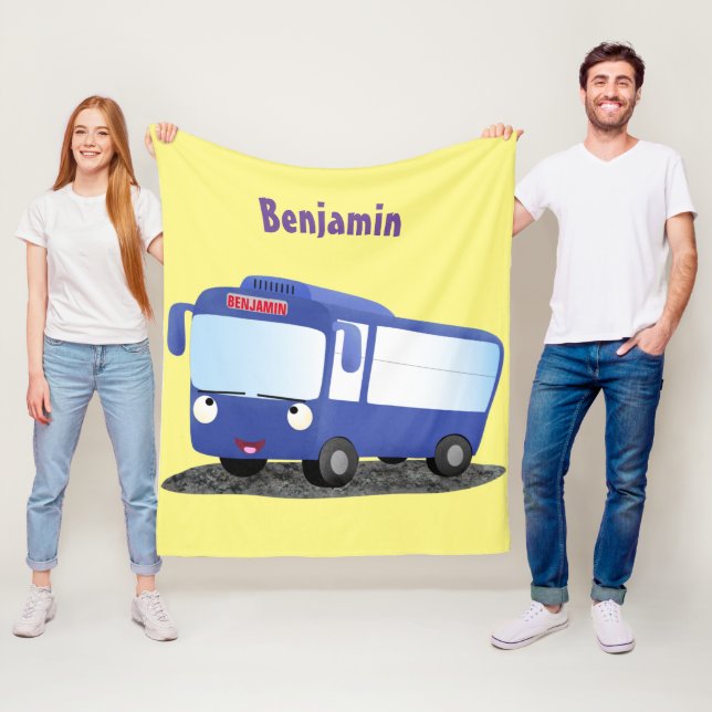 Cute blue modern bus cartoon illustration fleece blanket (In Situ)