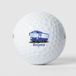Cute blue modern bus cartoon illustration golf balls