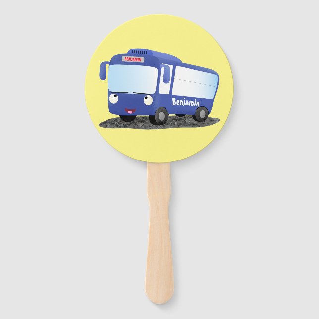 Cute blue modern bus cartoon illustration hand fan (Front)