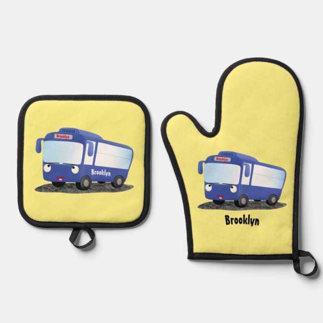 Cute blue modern bus cartoon illustration oven mitt & pot holder set (Front)