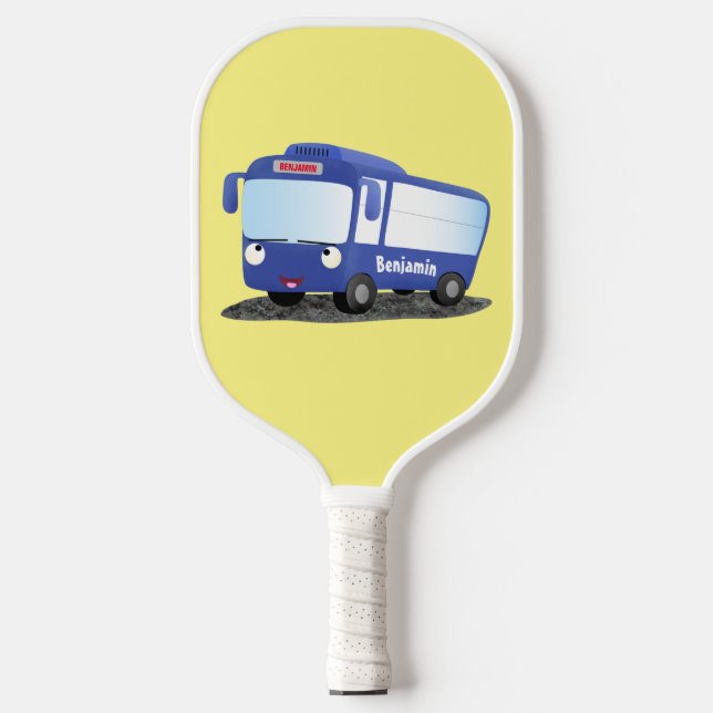 Cute blue modern bus cartoon illustration pickleball paddle (Front)