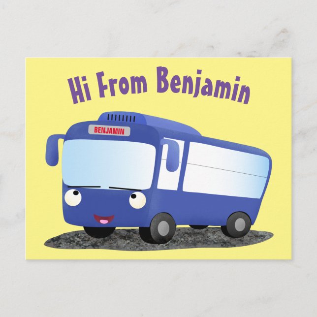 Cute blue modern bus cartoon illustration postcard (Front)