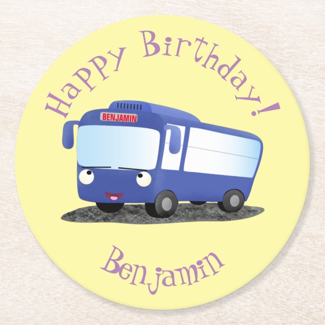 Cute blue modern bus cartoon illustration round paper coaster (Front)