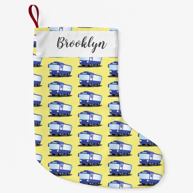 Cute blue modern bus cartoon illustration small christmas stocking (Front)