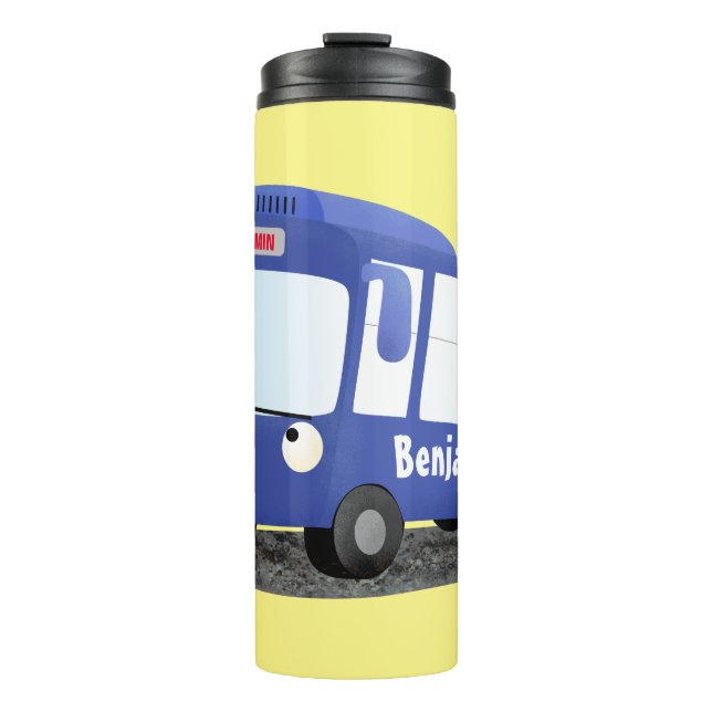 Cute blue modern bus cartoon illustration thermal tumbler (Front)