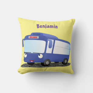 Cute blue modern bus cartoon illustration throw pillow