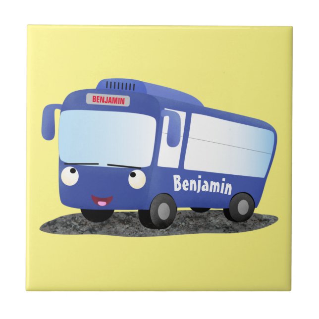 Cute blue modern bus cartoon illustration tile (Front)