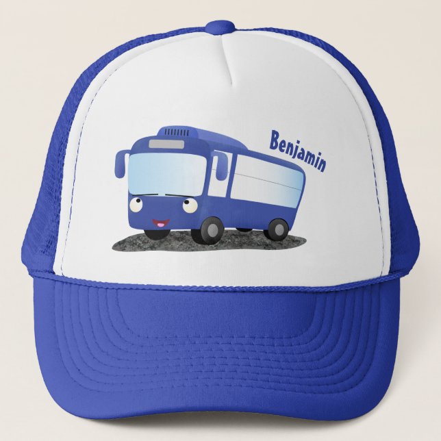 Cute blue modern bus cartoon illustration trucker hat (Front)