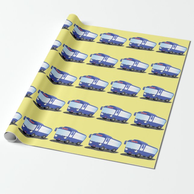 Cute blue modern bus cartoon illustration wrapping paper (Unrolled)