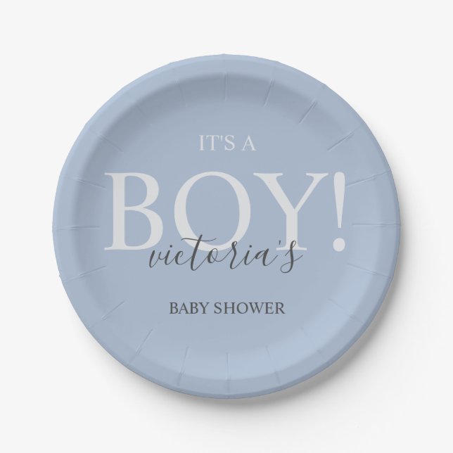 Cute Blue Modern Whimsical Typography Baby Shower  Paper Plate (Front)