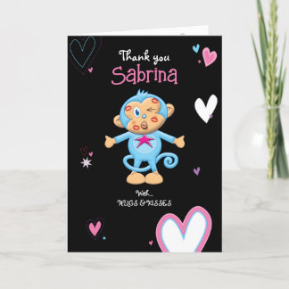 Cute Blue Monkey with hearts Folded Thank You Card