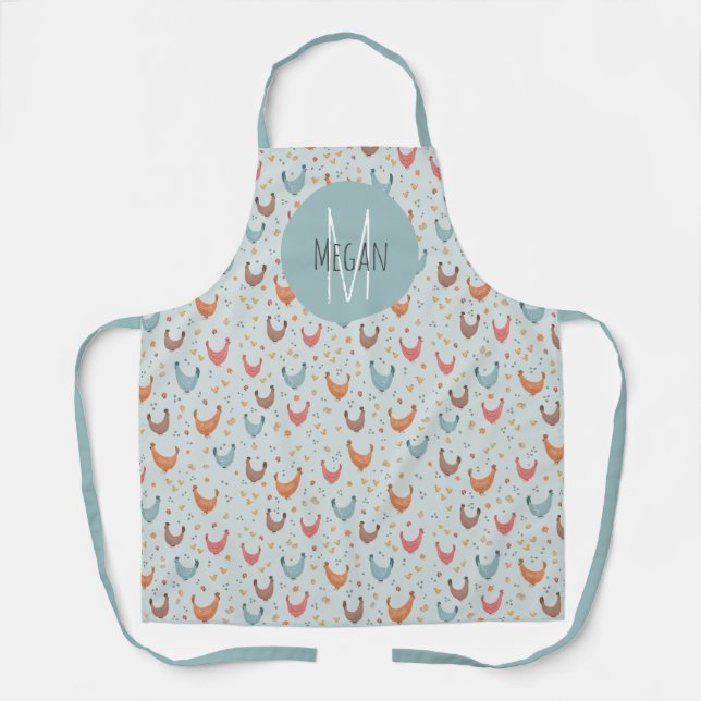 Cute Blue Monogram Chicken Farm Kitchen Pattern Apron (Front)