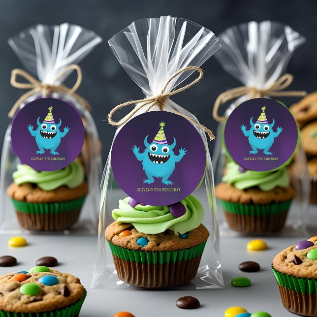 Cute Blue Monster Birthday Party Classic Round Sticker (Creator Uploaded)