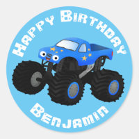Cute blue monster truck cartoon birthday